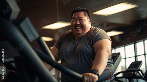 Asian fat man showing muscles at exercise facility  fat man in gym