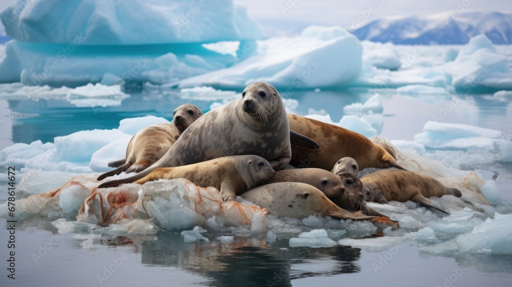 Obraz premium Environmental concept,Seals are piling up on plastic bottles and trash all over the sea,seal 