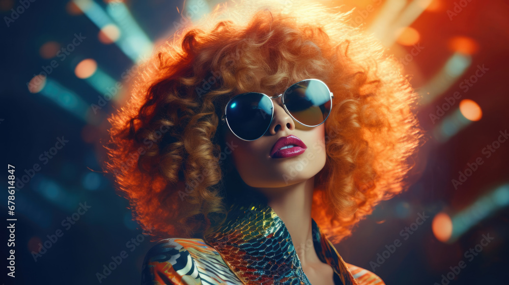 Fashion retro futuristic Sata lady in surrealistic 60s70s disco club