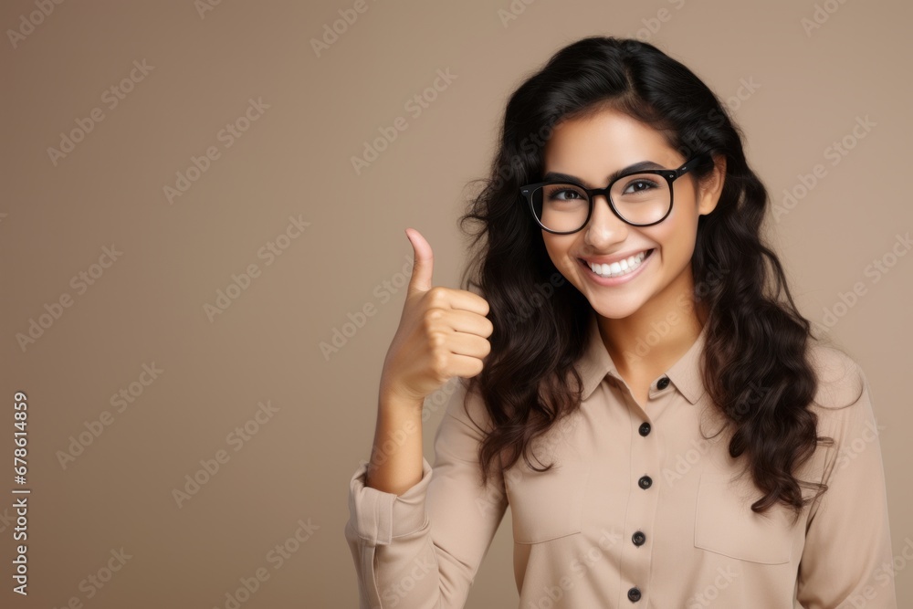 Young happy Indian woman showing thumb up over isolated ocre wall