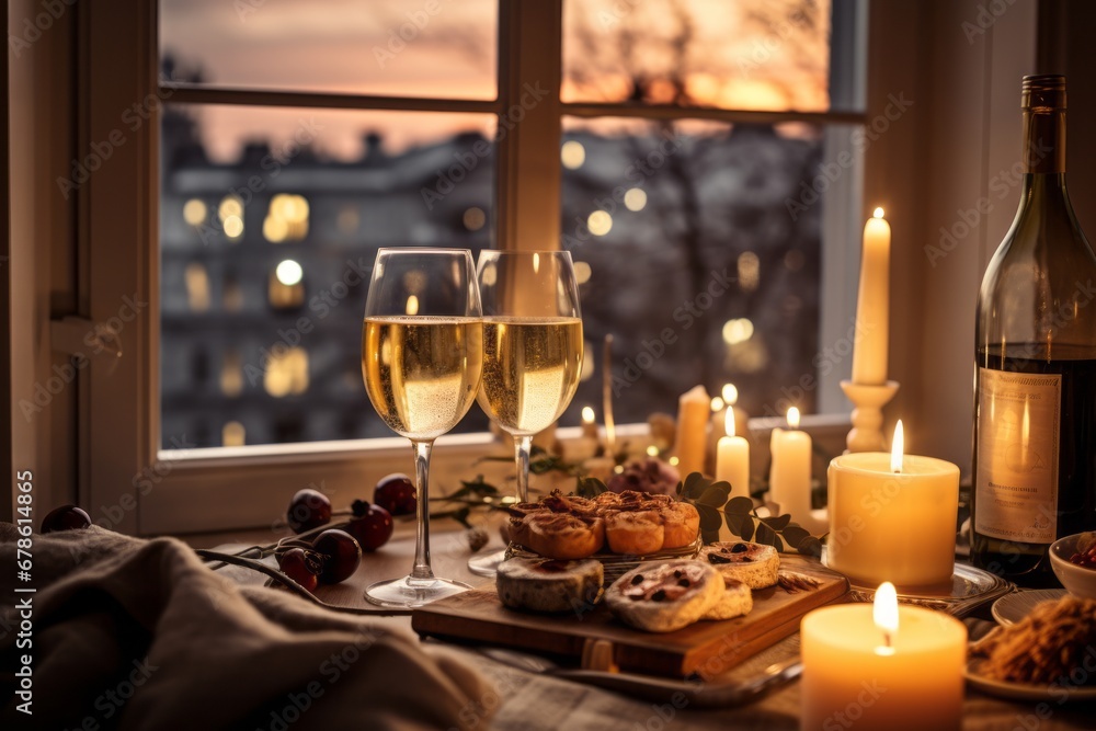 A Romantic Evening with Two Glasses of Wine on a Wooden Table A Romantic Evening with Two Glasses of Wine on a Wooden Table