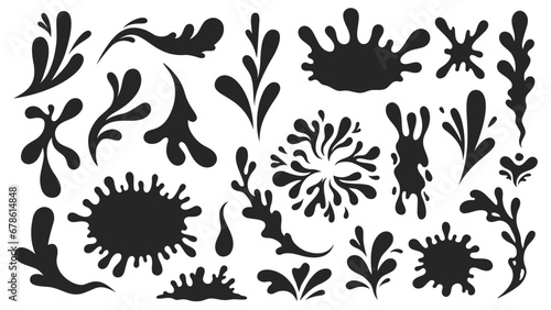 Black water splashes. Abstract wet splatter drops for tattoo design, river wave ripple stain splash simple marine environment doodle. Vector isolated set
