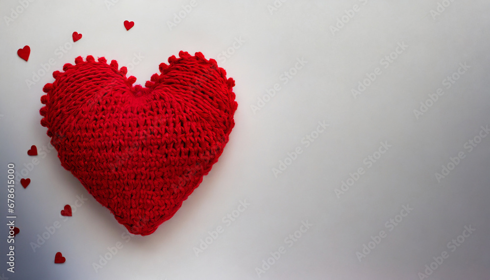 Red heart knitted on a white background with copy space on a side