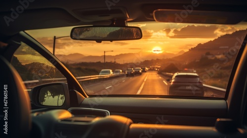 View from inside a car with traffic jams during sunset © CStock