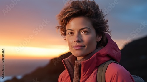 Adventure & Nature,Woman hiker in pink fleece at sunset photo