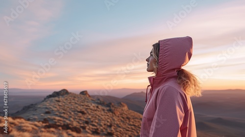 Adventure & Nature,Woman hiker in pink fleece at sunset