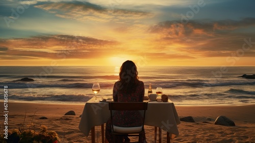 Woman sitting alone, her waiting husband on table set for a romantic meal on beach sky and ocean