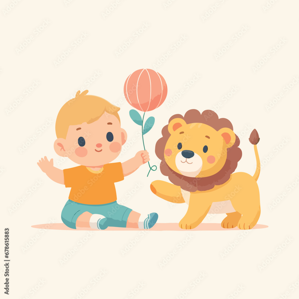 Obraz premium A flat vector kids' Illustration of a cute baby playing with a baby lion