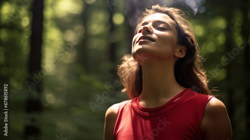 Young woman plump, wearing a red shirt, breathing pure air in a forest