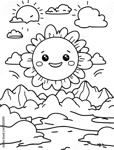 Sun and moutain and cloud for coloring page for kid 