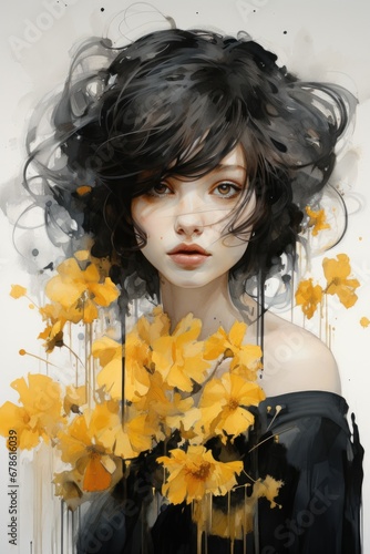 Waning starlet savors memories framed in blacks greys whites and dandelion yellow 
