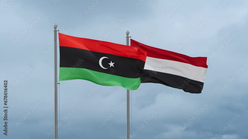 Yemen and Libya flag waving together on cloudy sky, endless seamless loop, two country cooperation concept Yemen and Libya flag waving together on cloudy sky, endless seamless loop, two country cooperation concept