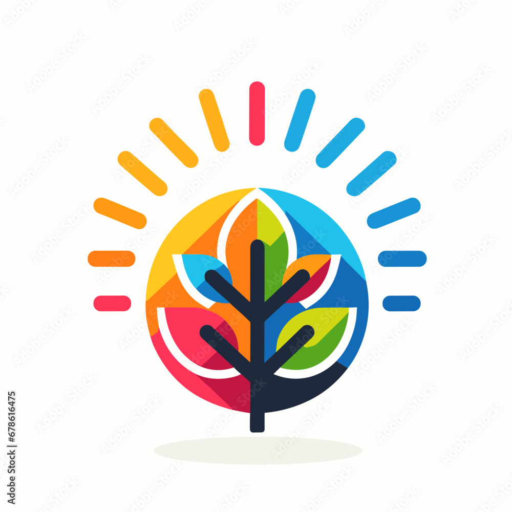 Solar power station filled colorful logo. Sapling tree and sun icon. Sustainable business value. Design element. Created with artificial intelligence. Ai art for corporate branding, website