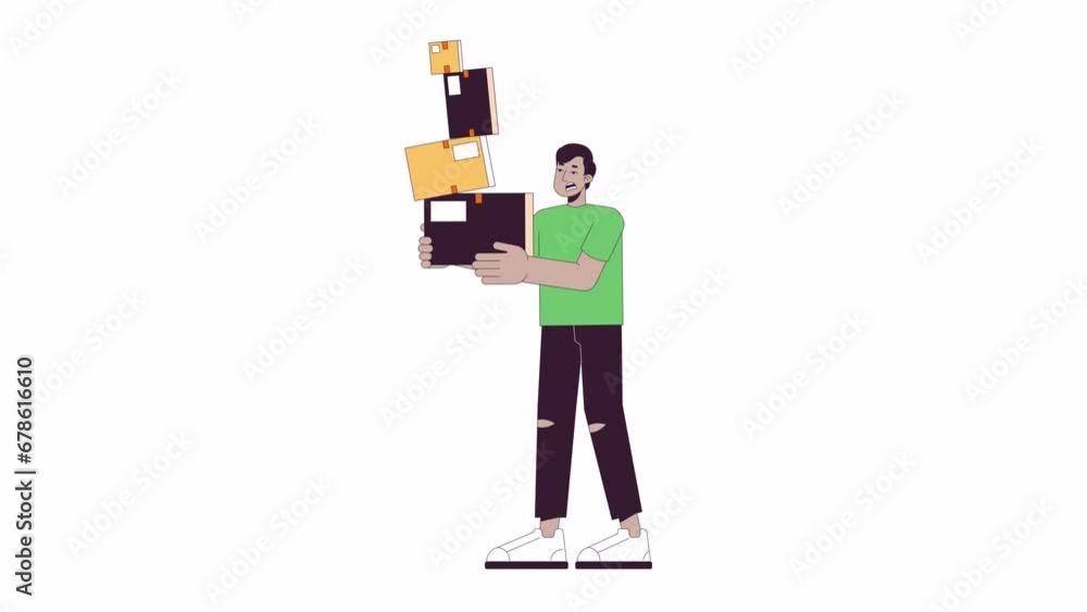 Startled man carrying stacked boxes line cartoon animation. Moving stress 4K video motion graphic. Troubled indian guy holding cardboard 2D linear animated character isolated on white background Startled man carrying stacked boxes line cartoon animation. Moving stress 4K video motion graphic. Troubled indian guy holding cardboard 2D linear animated character isolated on white background