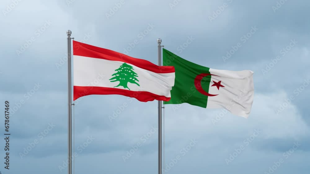 Lebanon flag and Algeria flag waving together on cloudy sky, endless seamless loop Lebanon flag and Algeria flag waving together on cloudy sky, endless seamless loop