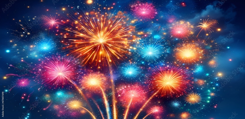 Fototapeta premium Colorful amazing fireworks on the blue night sky.