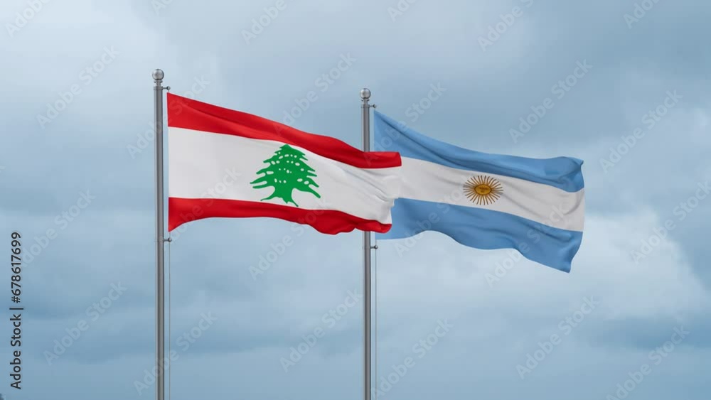 Argentina flag and Lebanon flag waving together on cloudy sky, endless seamless loop, two country relations concept Argentina flag and Lebanon flag waving together on cloudy sky, endless seamless loop, two country relations concept