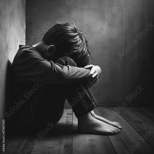 A boy in a corner with his head between his legs, feeling depressed and sad.  © andrecvs