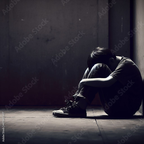 A boy in a corner with his head between his legs, feeling depressed and sad. 