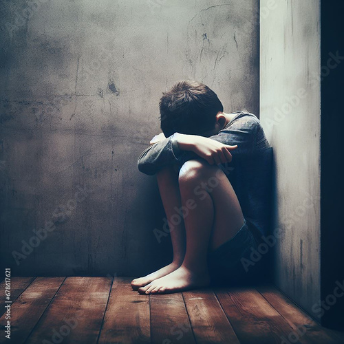 A boy in a corner with his head between his legs, feeling depressed and sad. 
