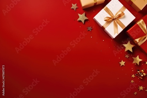 composition of christmas gift boxes on red background wallpaper