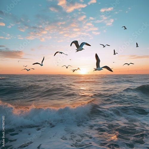 Beautiful sunset with flock of seagulls flying over the sea. Seagulls in the clouds of blue sky. Seagull flying in the blue sky. A seagull is flying in the sky.
