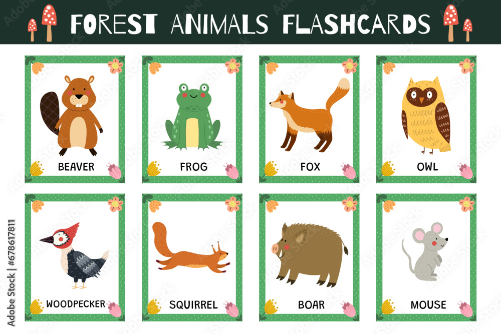 Forest animals flashcards collection for kids. Flash cards set with cute woodland characters for practicing reading skills. Beaver, fox, squirrel and more. Vector illustration