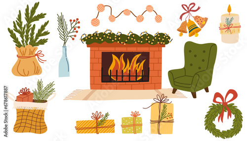 Christmas interior elements set. Fireplace, couch, vase, candle, chair, garland, gift basket, christmas wreath. Winter holiday house decoration. Cozy home furniture. Vector hand draw illustration 