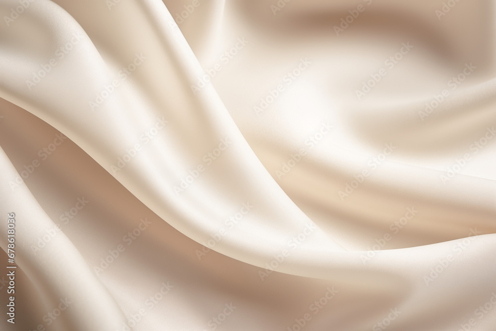 Smooth, soft and beautiful beige cream satin silk fabric drapery background for luxury, elegant fashion, beauty, cosmetic, skincare, treatment product background