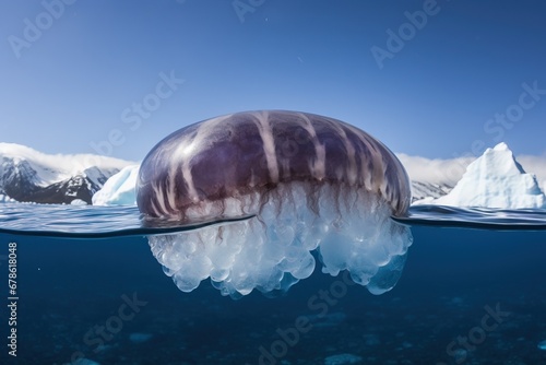 Diplulmaris Antarctica, Rare jellyfish close-up, dark background. AI generated. photo