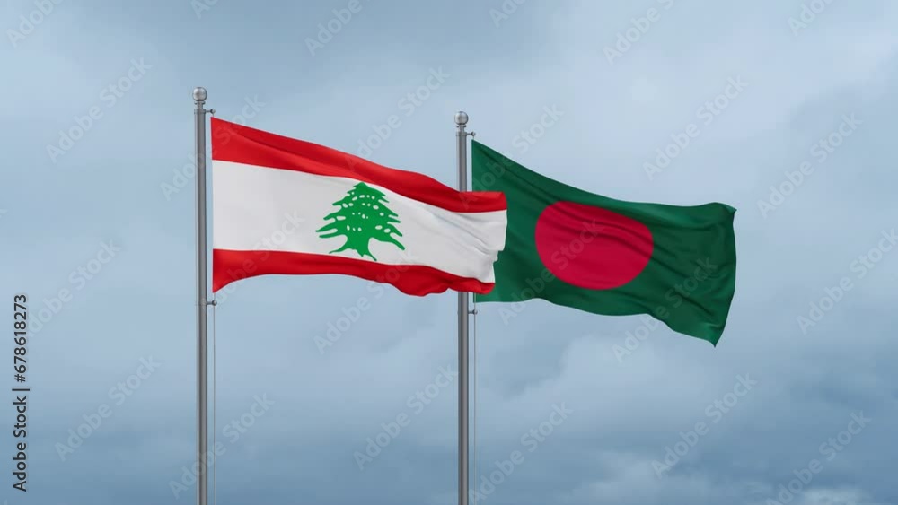 Bangladesh flag and Lebanon flag waving together on cloudy sky, endless seamless loop, two country relations concept Bangladesh flag and Lebanon flag waving together on cloudy sky, endless seamless loop, two country relations concept