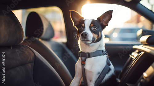 Dog sitting on the passenger seat of a car © Sajida