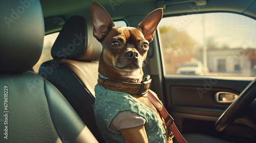 Dog sitting on the passenger seat of a car © Sajida