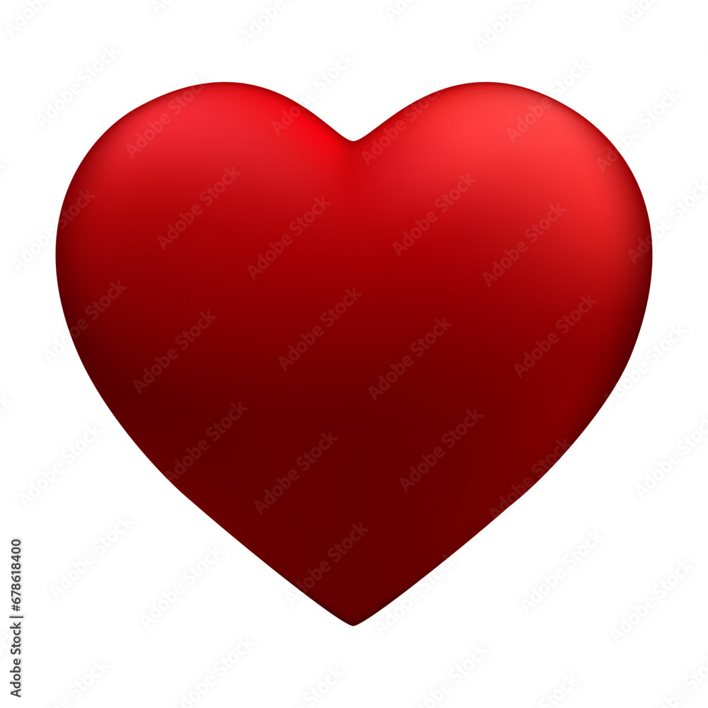 Realistic 3d red heart. Hand drawn decorative spring romantic icon, cartoon love symbol. Happy Valentines Day shape of glossy heart. Abstract vector illustration isolated on a white background