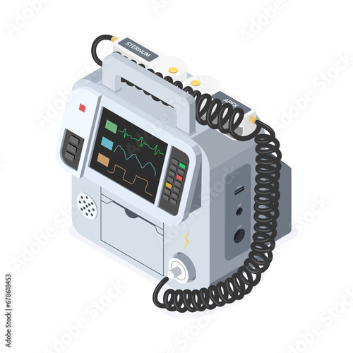 A fibrillator in isometric vector. Emergency aids, emergency equipments in hospital.
