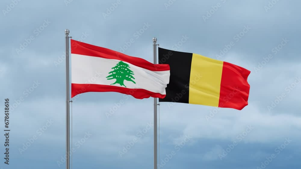 Belgium flag and Lebanon flag waving together on cloudy sky, endless seamless loop, two country relations concept Belgium flag and Lebanon flag waving together on cloudy sky, endless seamless loop, two country relations concept