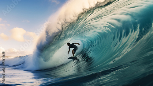 Surfer on Blue Ocean Wave in the Tube Getting Barrel