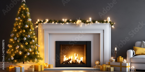 Fireplace Christmas Image Living room interior with christmas fir tree and fireplace with many gift boxes and white sofa in a room with grey wall background Ai Generative