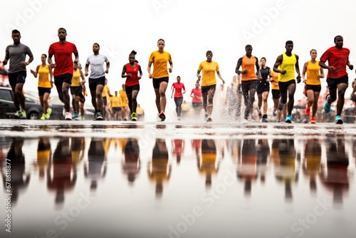 Runners reflection in a puddle during a rainy race isolated on a white background 