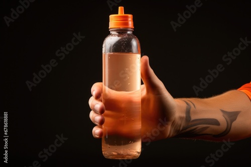 Runners hand clutching hydration water bottle isolated on a gradient background 