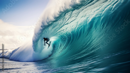 Surfer on Blue Ocean Wave in the Tube Getting Barrel © UsamaR