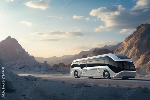 Realistic image of a gray futuristic bus on the road. Travel and transportation technology. © Rattanathip