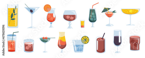 Cocktail drinks. Tropical vermouth, cold champagne and rum, cold fruit drinks, alcoholic beverages with ice. Bar menu vector set