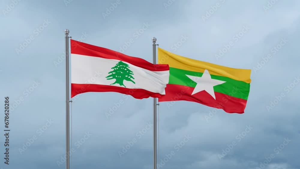 Myanmar aka Burma flag and Lebanon flag waving together on cloudy sky, endless seamless loop, two country relations concept Myanmar aka Burma flag and Lebanon flag waving together on cloudy sky, endless seamless loop, two country relations concept