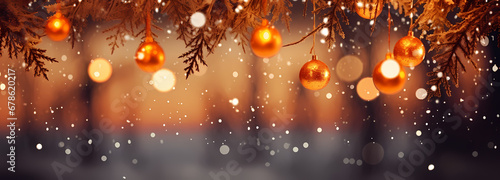 christmas tree baubles with snow, in the style of blurry details, detailed background elements, light-focused, dark orange and red, color splash, unique framing and composition, cabincore