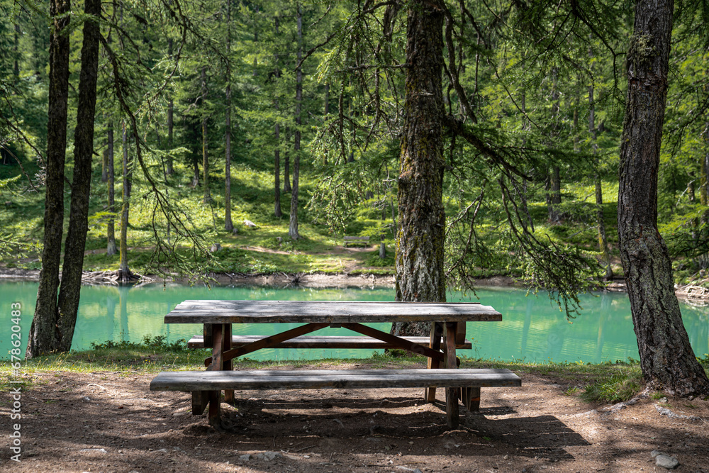 ench in the forest with a beautiful lake in background