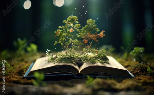Magic book with green plants, magical nature's enchantment, Generative AI