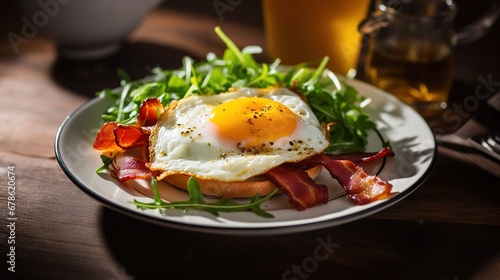 Close-up of breakfast with scrambled eggs and bacon.