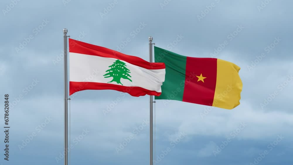Cameroon flag and Lebanon flag waving together on cloudy sky, endless seamless loop, two country relations concept Cameroon flag and Lebanon flag waving together on cloudy sky, endless seamless loop, two country relations concept