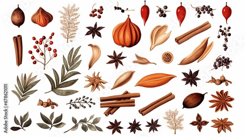 Set of watercolor autumn spices elements